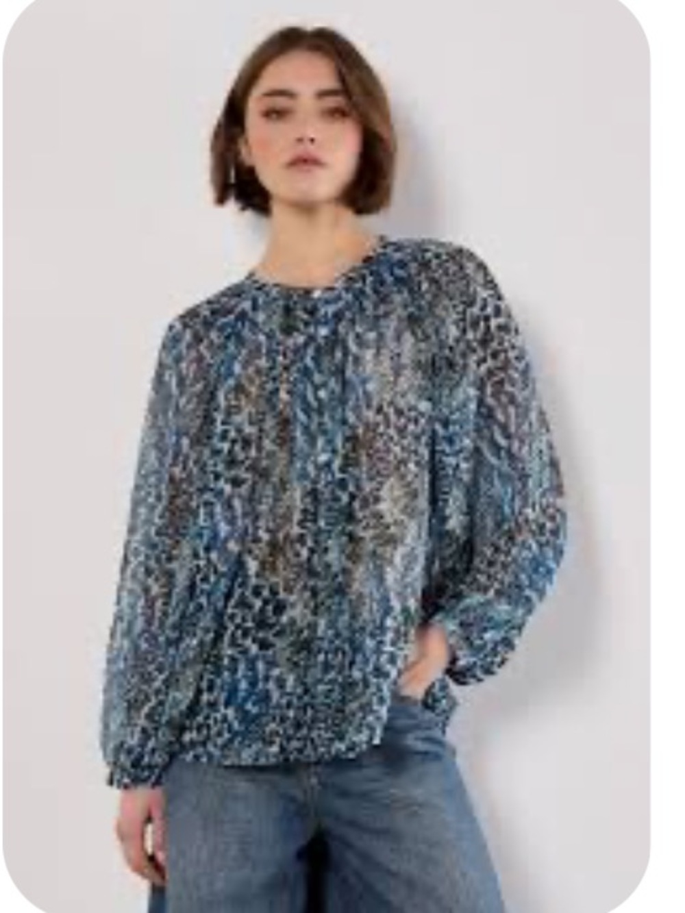 Silk Sheer Blue Animal Print Long Sleeve Blouse size M